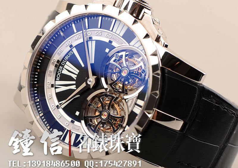 已售出【97新】罗杰杜彼Excalibu 白金黑盘双陀飞轮动显跳时手上链男表