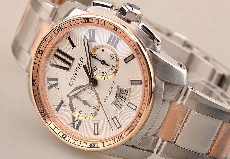 已售出【未使用品】卡地亚卡历博玫瑰金及钢白盘计时日历男表W7100042