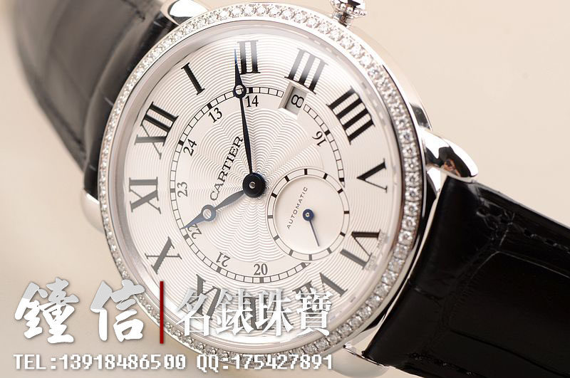 已售出【99新】卡地亚白金镶钻小三针日历折叠扣皮带自动男表WR007018