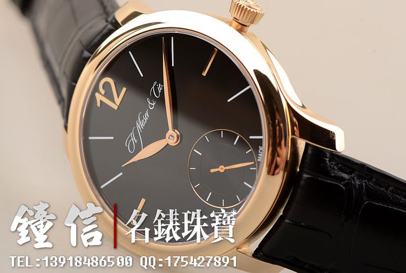 已售出【97新】亨利慕时黑盘玫瑰金小三针手上链三天链皮带男表