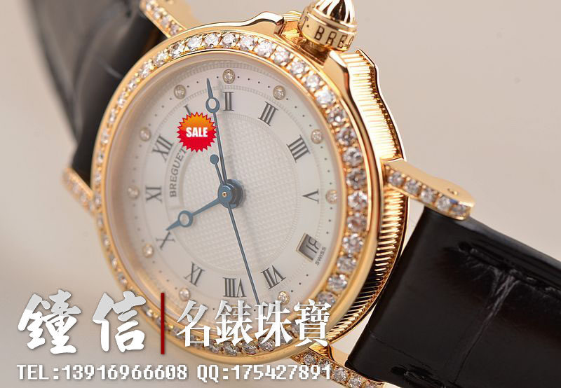 已售出【96新】宝玑航海黄金原镶钻贝母盘大三针自动机械折叠扣皮带女表