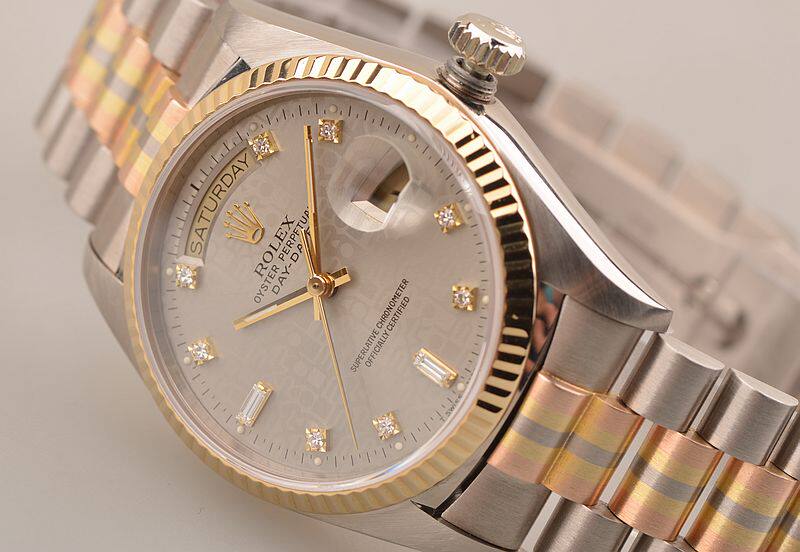 已售出【97新】劳力士DD总统型星期日历三色金电脑钻刻男表18039B