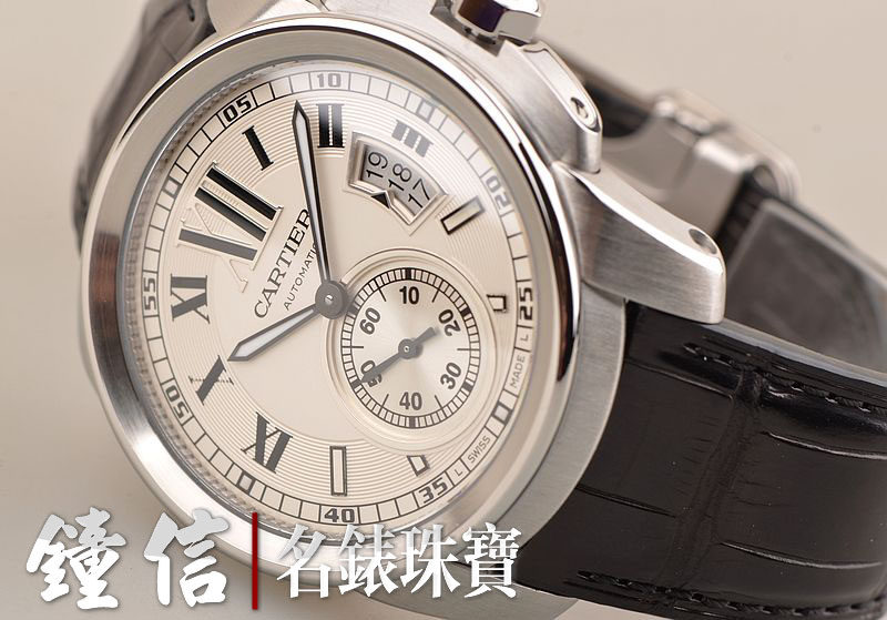已售出【97新】卡地亚卡历博白盘小三针日历自动机械皮带男表W7100037