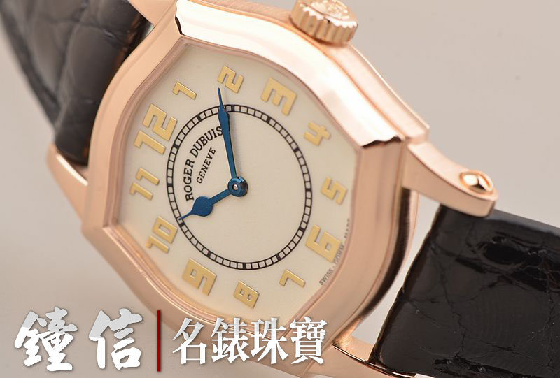 已售出【97新】罗杰杜彼玫瑰金白盘阿拉伯数字刻度两针手上链皮带女表
