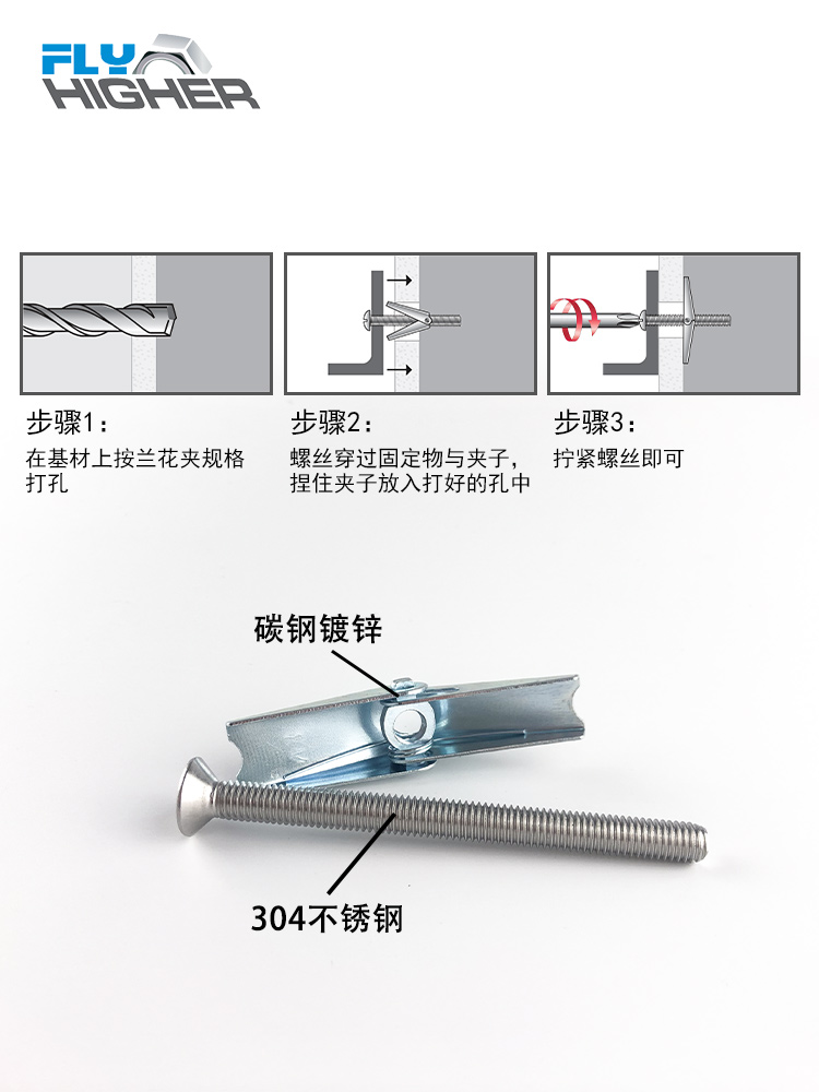 型膨胀螺栓空心夹伞墙锚预制 30栓兰花配石膏板螺丝不锈钢板4