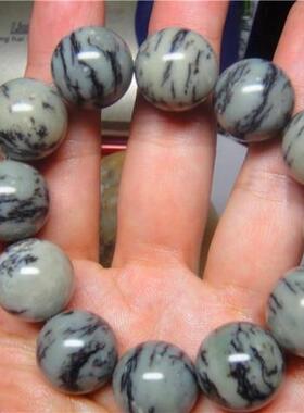 99.62新疆和田玉籽料直闪石沙枣青圆珠手链18毫米（有证书）