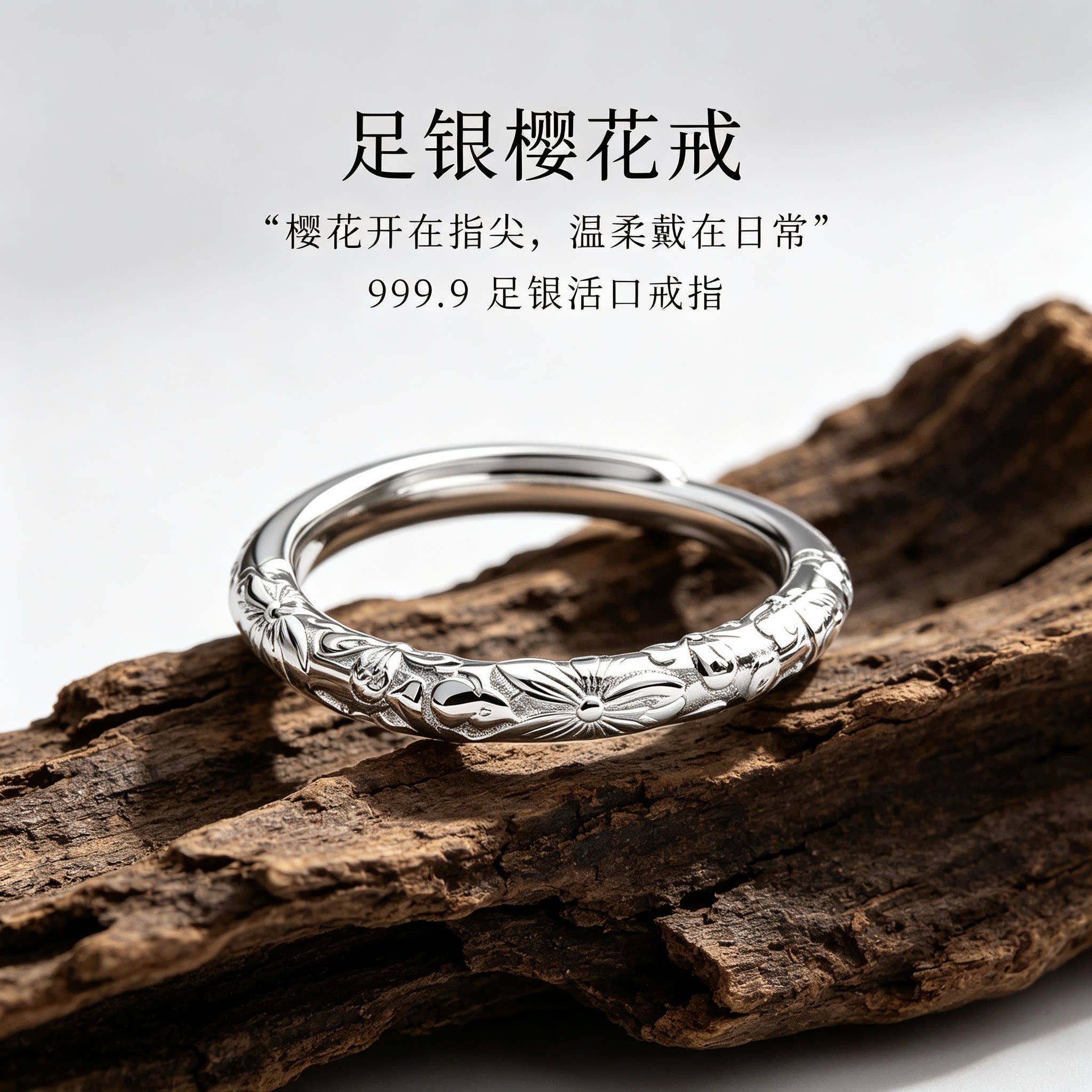 足银999樱花浮雕银戒古风气质银饰戒指