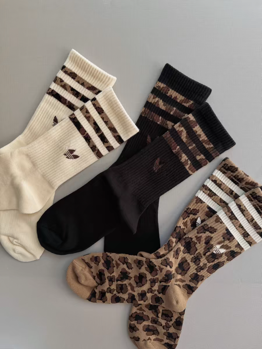 欧货秋冬新品加厚棉袜腰三杠拼色豹纹条纹复古纯棉弹力休闲运动袜