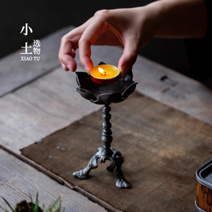 手作辽代古锡高脚莲花烛台功夫茶道零配茶室摆件复古
