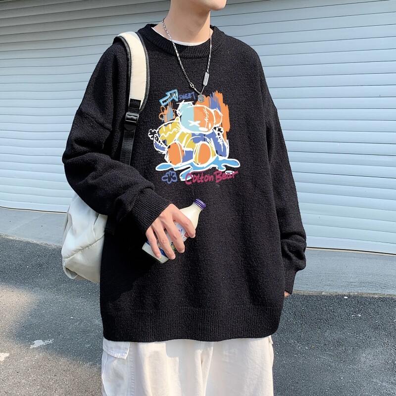 MD2704P55印花毛衣男秋季潮牌ins宽松慵懒高领针织衫潮流圆领线衣图片