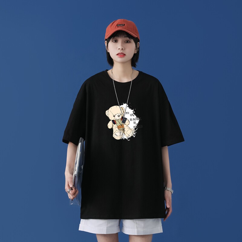 T1753P25 中性100%棉2022新款短袖T恤男潮牌小熊印花青春休闲T恤图片