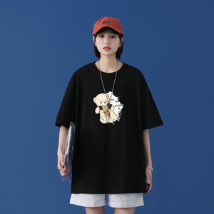 T1753P25 中性100%棉2022新款短袖T恤男潮牌小熊印花青春休闲T恤图片