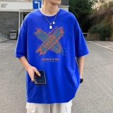 T3671P25已爆男港风T恤圆领卡通印花T恤落肩款宽松T恤克莱因蓝T，男装T恤，星座510A-1