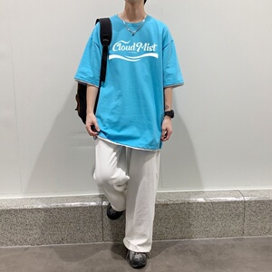 T3348P25袖T恤男款港风宽松大码印花五分落肩半袖已爆夏短图片