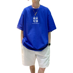 T3334已爆 男港风T恤落肩款宽松T恤克莱因蓝T圆领卡通印花T恤图片