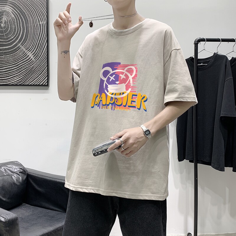 T1734P25港风100%棉2022新款短袖T恤男潮牌小熊印花青春休闲,男装T恤,星座510A-1