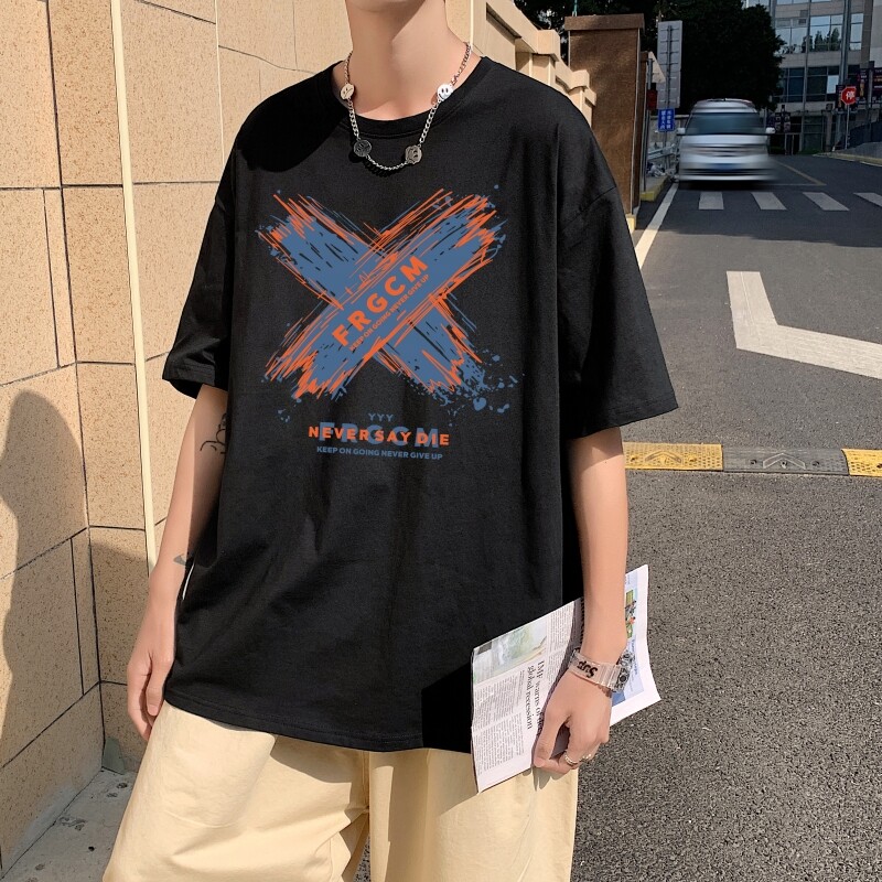 T3671已爆 男港风T恤克莱因蓝T圆领卡通印花T恤落肩款宽松T恤图片