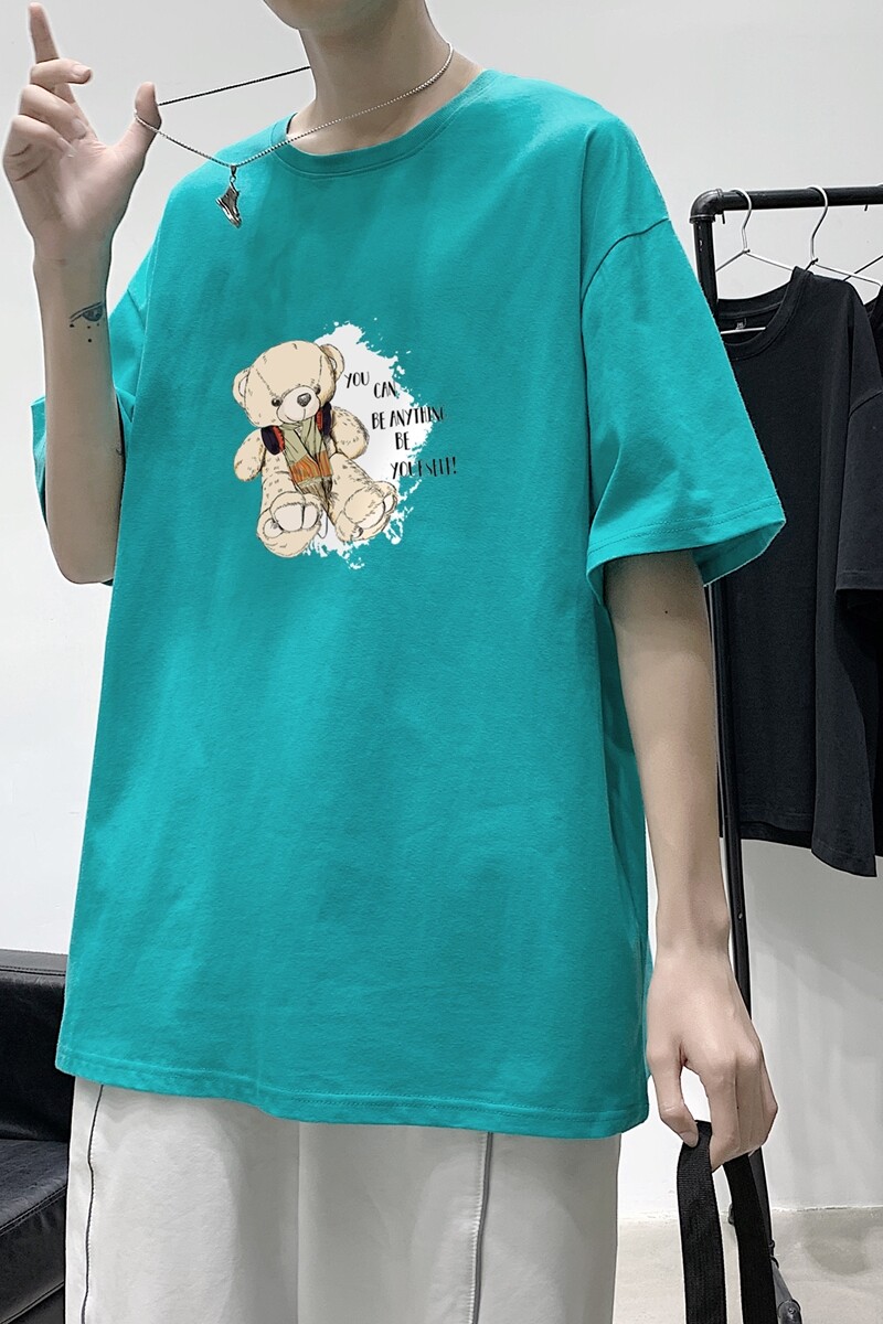 T1753P25港风100%棉2022新款短袖T恤男潮牌小熊印花青春休闲T恤,男装T恤,星座510A-1
