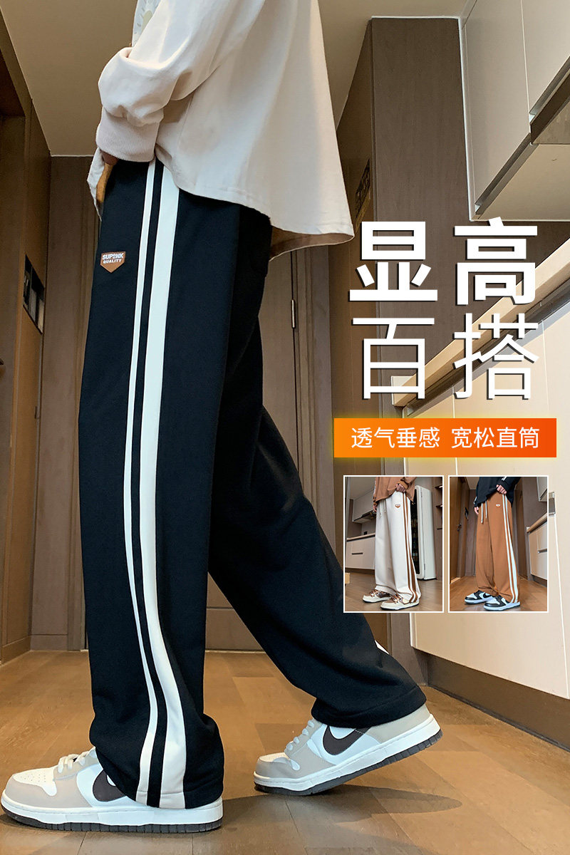 K7918P36美式复古拼接条纹休闲裤潮牌宽松时尚直筒阔腿运动长裤子,男装休闲裤,星座510A-1