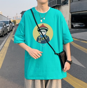 T3675已爆 男港风T恤落肩款宽松T恤克莱因蓝T圆领卡通印花T恤图片