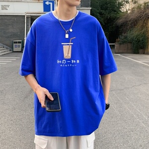 T3328P25仓库一件起正常配送中男港风T恤落肩款宽松T恤克莱因蓝T图片