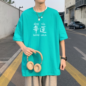 T3676P25已爆 克莱因蓝T圆领卡通印花T恤男港风T恤落肩款宽松T恤图片