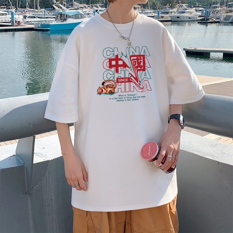 T3302P25男士港风T恤落肩款宽松T恤男士克莱因蓝男T风印花T恤,男装T恤,星座510A-1