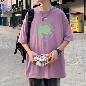 T3463男港风T恤落肩款宽松T恤短袖印花T圆领英文球形印花T恤正图片