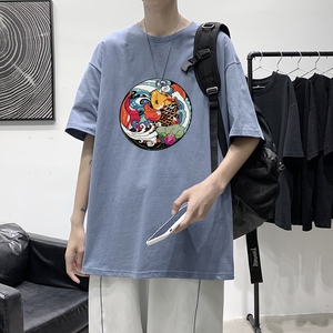 T1548P25港风英伦印花圆领T恤男加大加肥港风模特男士宽松T恤图片