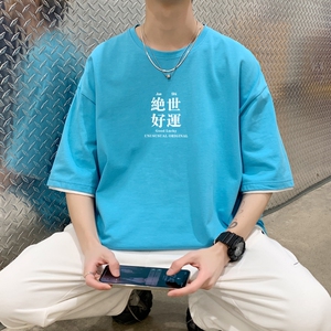 T3334已爆 男港风T恤落肩款宽松T恤克莱因蓝T圆领卡通印花T恤图片