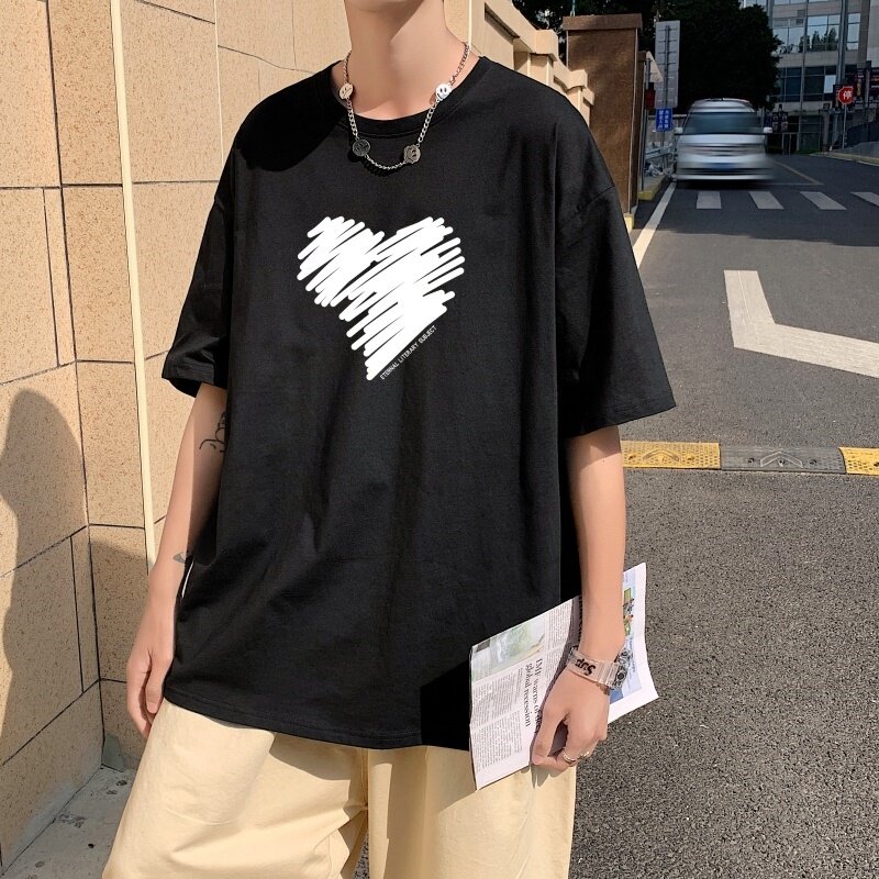 T3467宽松T恤克莱因蓝T圆领涂鸦爱心印花T恤男港风T恤落肩款,男装T恤,星座510A-1