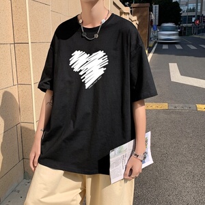 T3467宽松T恤克莱因蓝T圆领涂鸦爱心印花T恤男港风T恤落肩款图片