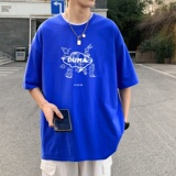 T3465圆领卡通英文印花T恤男港风T恤落肩款克莱因蓝T宽松T恤，男装T恤，星座510A-1