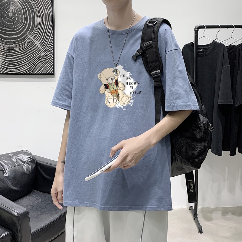 T1753P25港风100%棉2022新款短袖T恤男潮牌小熊印花青春休闲T恤,男装T恤,星座510A-1