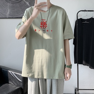 T2298P25港风室内潮流宽松简约百搭潮牌五分袖短袖T恤男夏季上衣图片