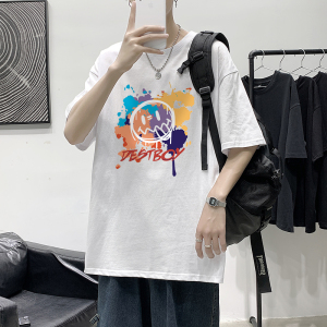 T1627P25港风涂鸦鬼脸印花圆领T恤男加大加肥港风模特男士宽松T恤