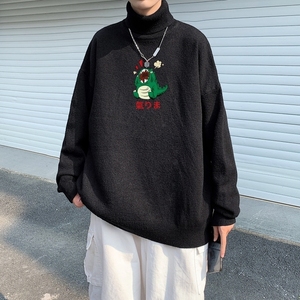 MG2847P65港风新款高领休闲线衣潮流休闲针织衫男生宽松长袖毛衣,长款黑色皮裙伞裙怎么搭配图片