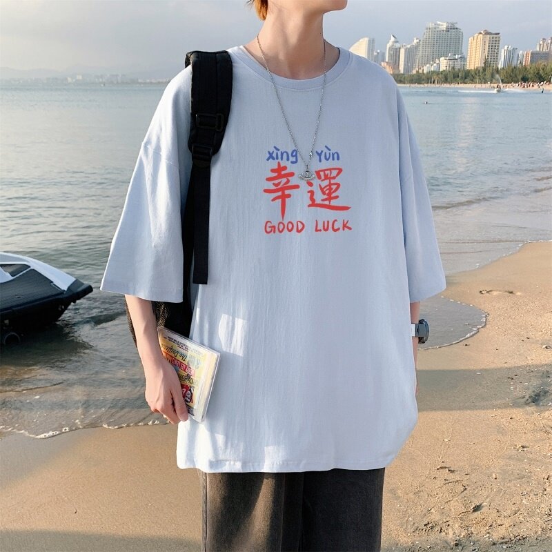 T3676P25已爆男港风T恤圆领卡通印花T恤落肩款宽松T恤克莱因蓝T,男装T恤,星座510A-1