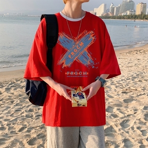 T3671P25已爆 圆领卡通印花T恤男港风T恤落肩款宽松T恤克莱因蓝T图片