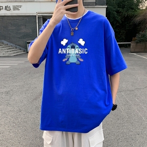 T3408P25正常配送中男港风T恤落肩款宽松T恤克莱因蓝T圆领印花T恤图片