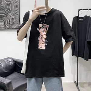 T1763P25 港风100%棉2022新款短袖T恤男长条小猪印花青春休闲T恤图片