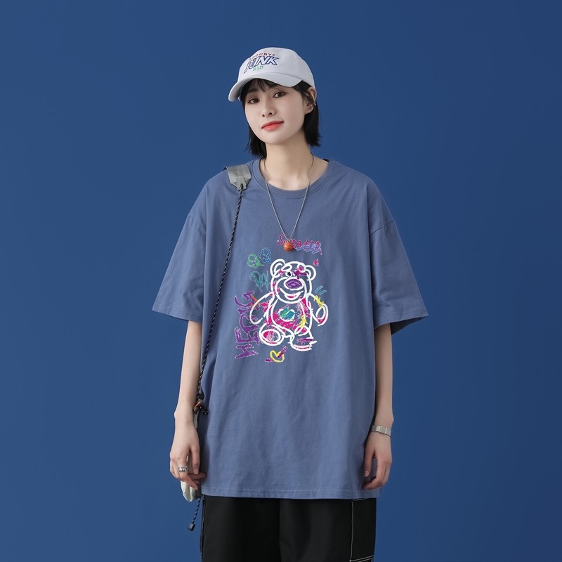 T1732P25中性潮牌印花短袖T恤宽松T恤男白色涂鸦熊印花青春休闲,男装T恤,星座510A-1