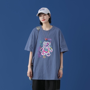 T1732P25中性潮牌印花短袖T恤宽松T恤男白色涂鸦熊印花青春休闲图片