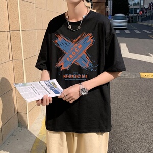 T3671P25已爆 克莱因蓝T圆领卡通印花T恤落肩款宽松T恤男港风T恤图片
