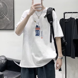 T1754P25 港风100%棉2022新款短袖T恤男可乐瓶印花青春休闲T恤图片