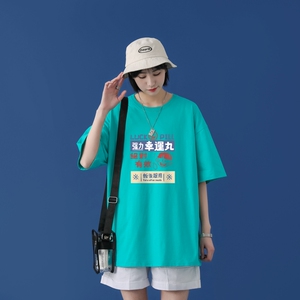 D2171P20中性女模 潮印花男士中性宽松T恤港风T恤半袖男t体恤男图片