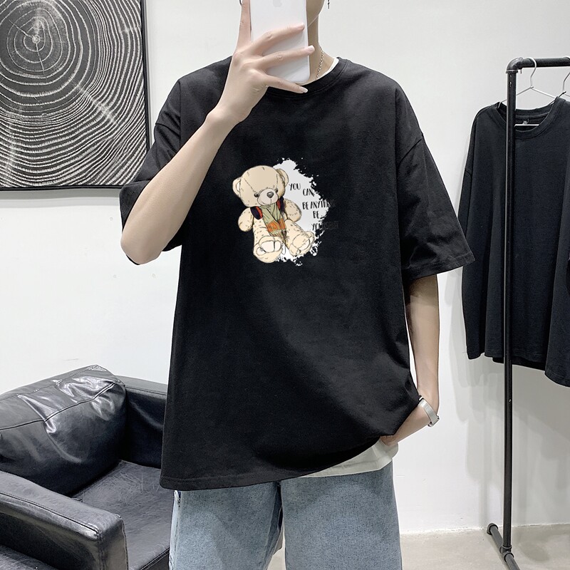 T1753P25港风100%棉2022新款短袖T恤男潮牌小熊印花青春休闲T恤,男装T恤,星座510A-1