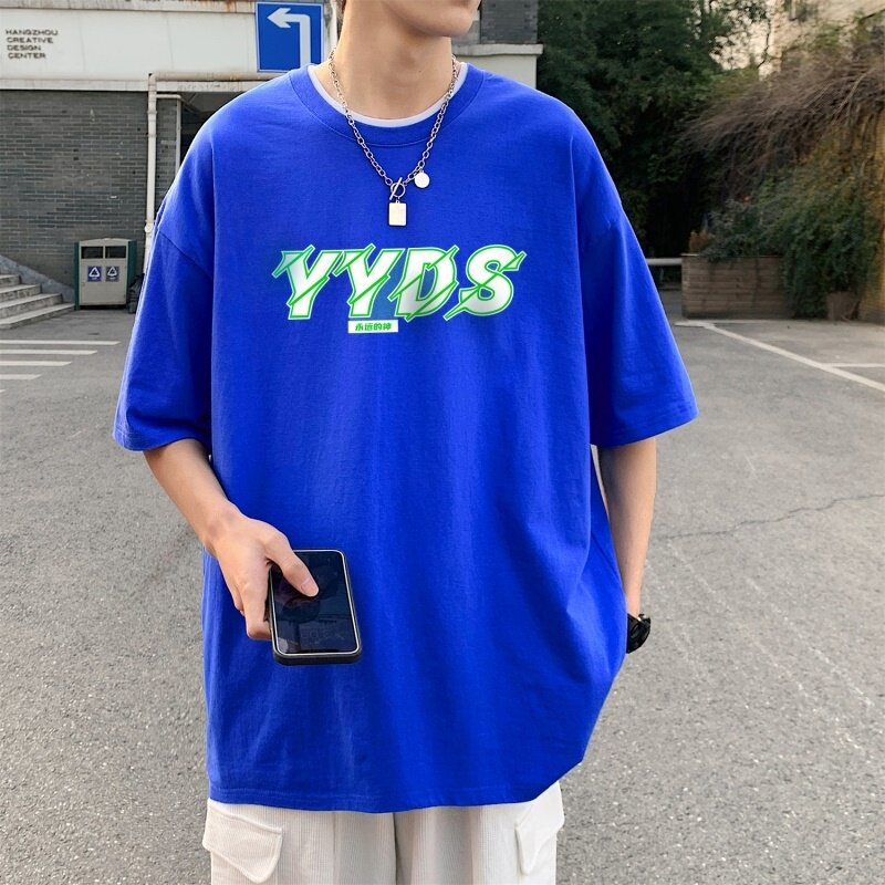 T3299P25克莱因蓝男T永远的神字母印花T男士港风T恤落肩款宽松T恤,男装T恤,星座510A-1