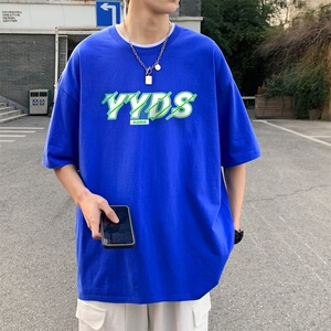 T3299P25克莱因蓝男T永远的神字母印花T男士港风T恤落肩款宽松T恤