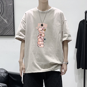 T1763P25 港风100%棉2022新款短袖T恤男长条小猪印花青春休闲T恤图片